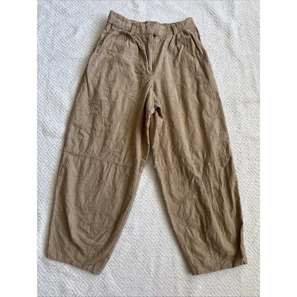 House Of Harlow Embroidered Tan Taper Cotton Pants Stretch Waist Sz XS